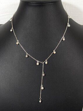 Silver Tone Aurora Borealis Rhinestone Charm Y-Drop Necklace Dainty 18"